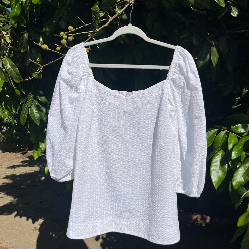 CUYANA white textured square neck long puff sleeve blouse